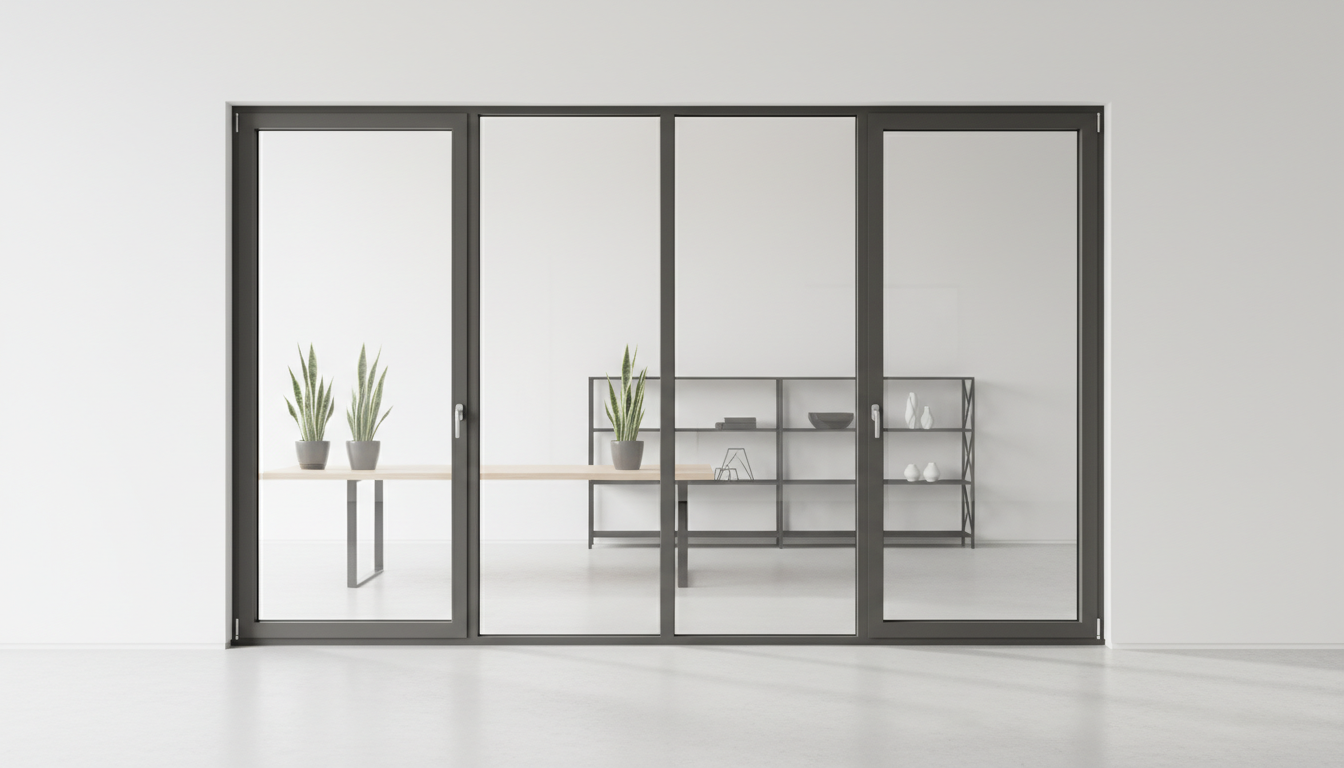 A large, modern triple-glazed window with sleek aluminum frames and clean, sharp lines, installed in a pristine white office wall. The glass is flawlessly clear with subtle reflections of a minimalist workspace interior beyond, including hints of potted plants and structured shelves. Soft overcast daylight pours through the glass, creating gentle highlights along the metallic edges and diffused shadows on the neutral-toned floor. The mood is calm, professional, and airy, emphasizing a sense of openness and clarity. Captured straight-on at eye level for a clean, balanced composition with sharp focus and structured alignment. Photographic realism supports a professional corporate aesthetic, perfectly suited for a contemporary window solutions business homepage.